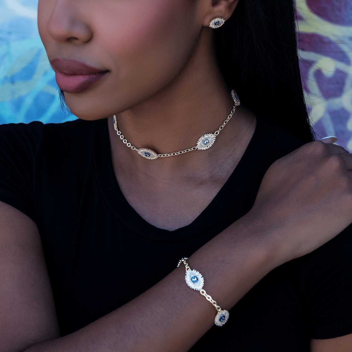GLD Women Iced Evil Eye Bracelet in Yellow Gold