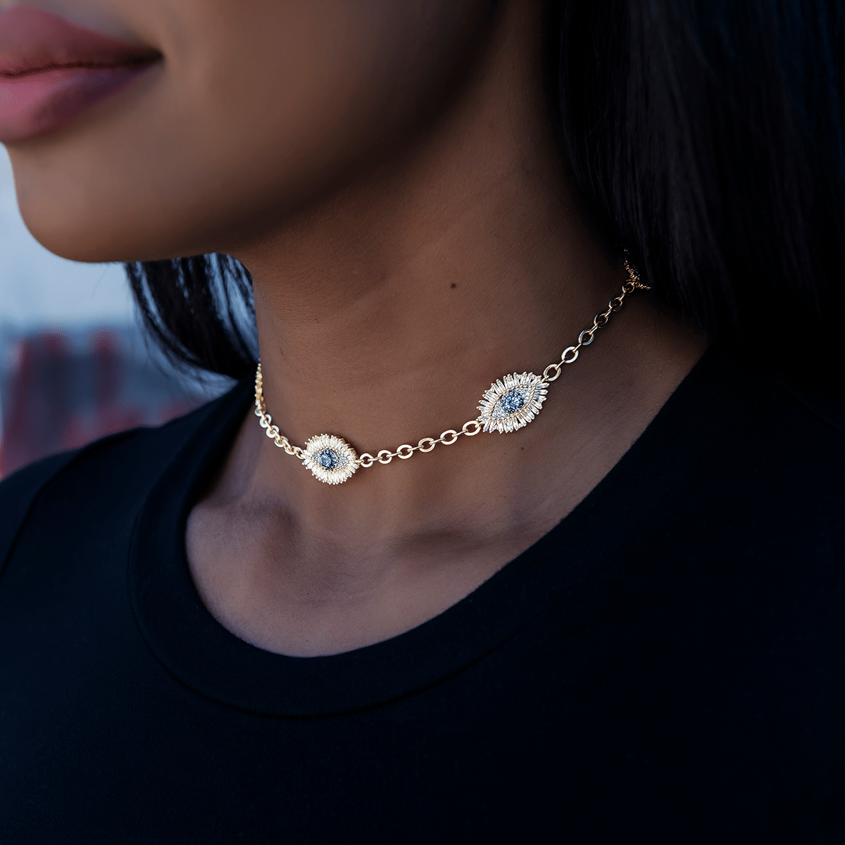 GLD Women Iced Evil Eye Necklace in Yellow Gold