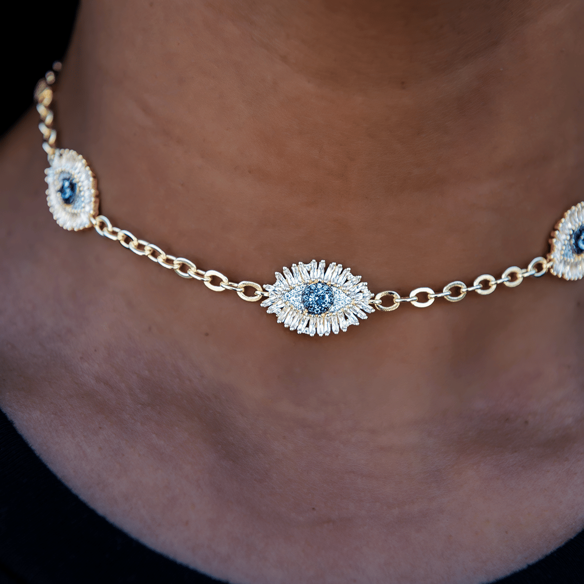 GLD Women Iced Evil Eye Necklace in Yellow Gold