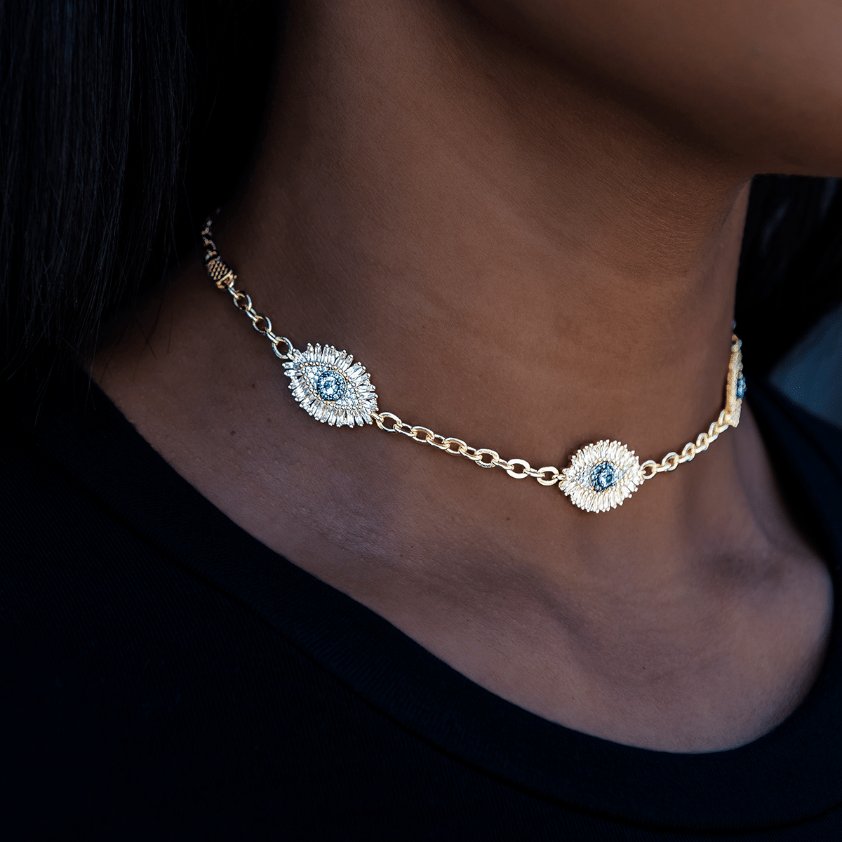 GLD Women Iced Evil Eye Necklace in Yellow Gold