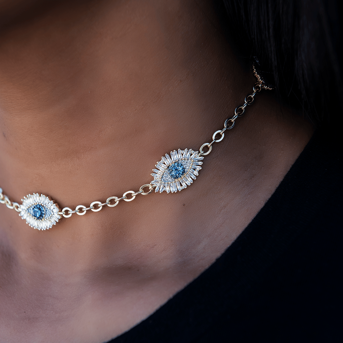 GLD Women Iced Evil Eye Necklace in Yellow Gold