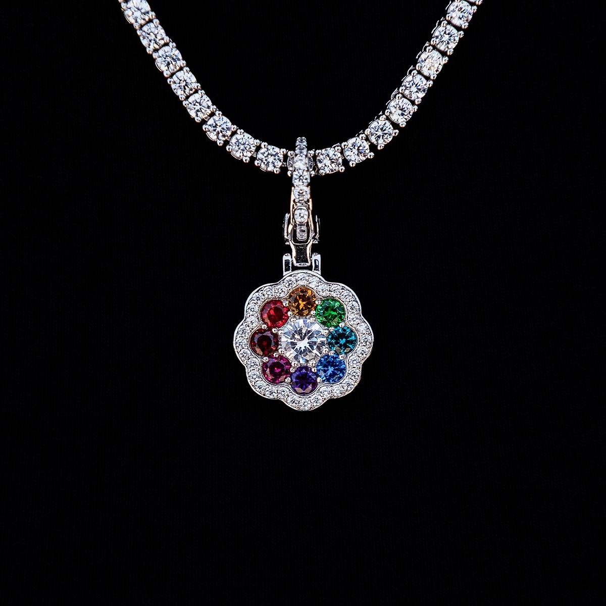 GLD Women Rainbow Flower Clip On Pendant in White Gold