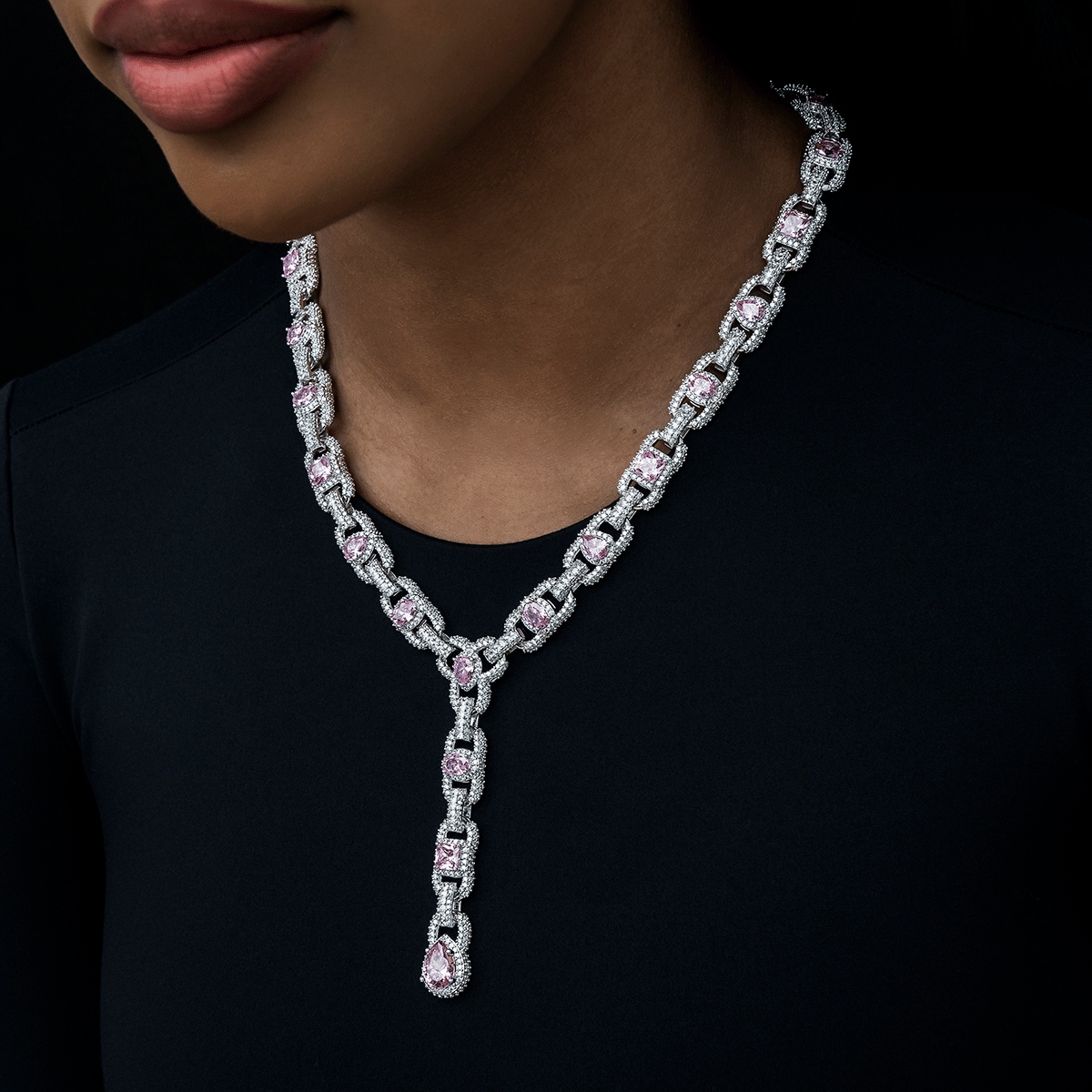 GLD Women Diamond Cluster Mariner Teardrop Pink Lariat Necklace in White Gold
