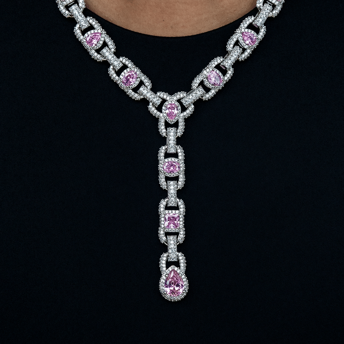 GLD Women Diamond Cluster Mariner Teardrop Pink Lariat Necklace in White Gold