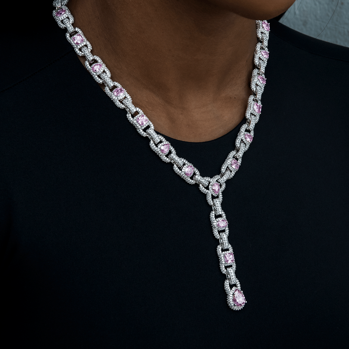 GLD Women Diamond Cluster Mariner Teardrop Pink Lariat Necklace in White Gold