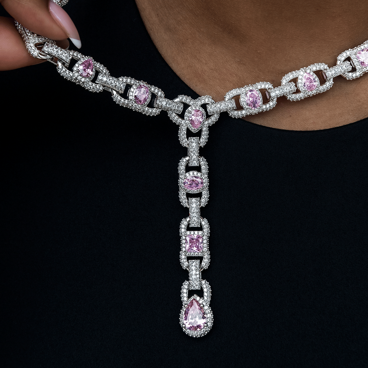 GLD Women Diamond Cluster Mariner Teardrop Pink Lariat Necklace in White Gold