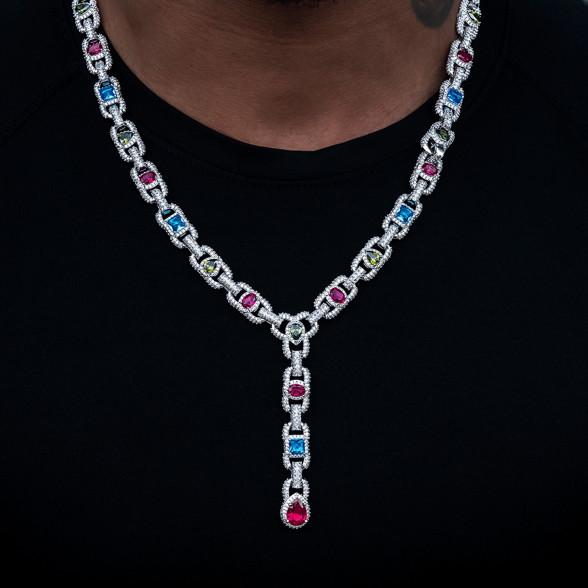 GLD Men Diamond Cluster Mariner Teardrop Multicolor Lariat Chain in White Gold