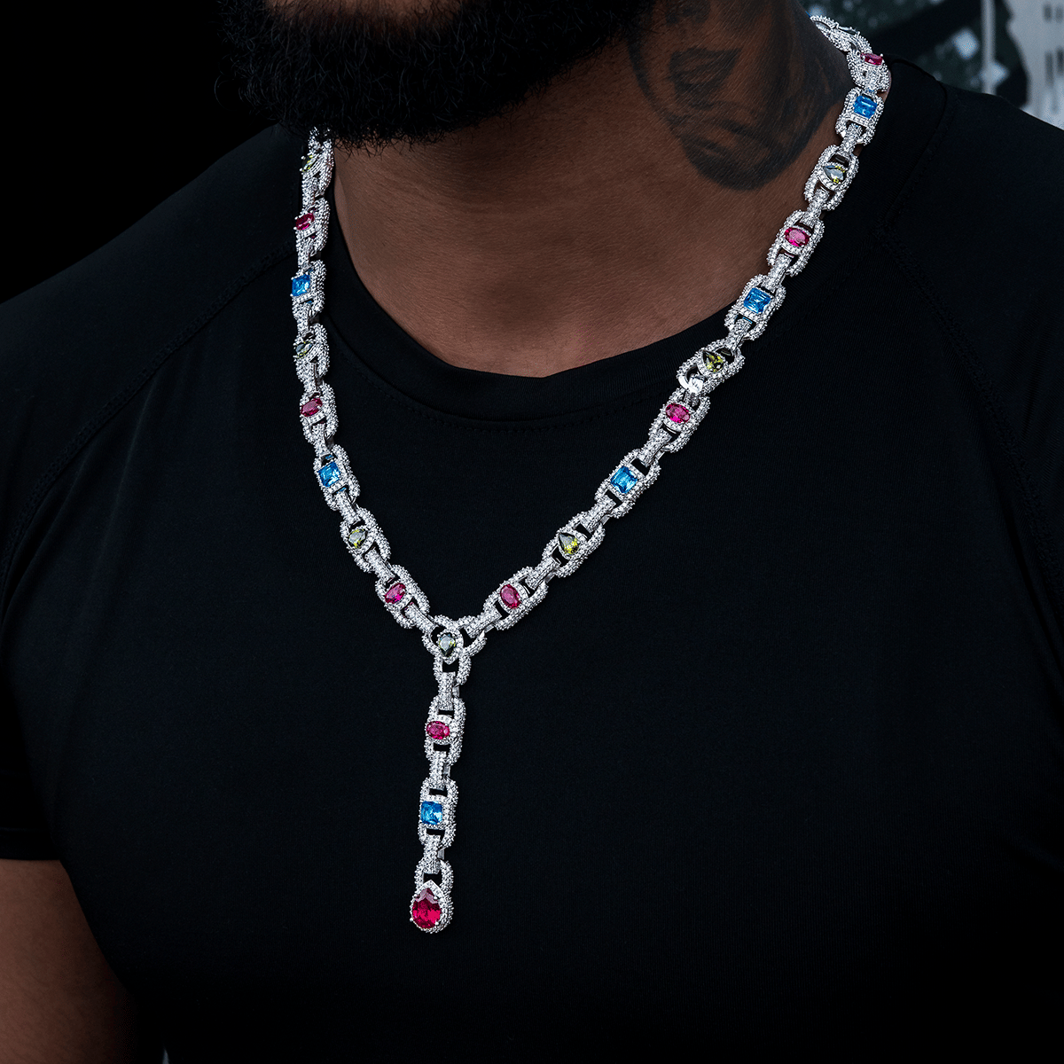 GLD Men Diamond Cluster Mariner Teardrop Multicolor Lariat Chain in White Gold