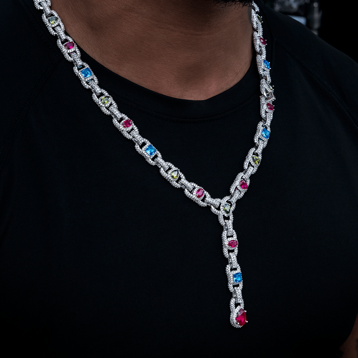 GLD Men Diamond Cluster Mariner Teardrop Multicolor Lariat Chain in White Gold