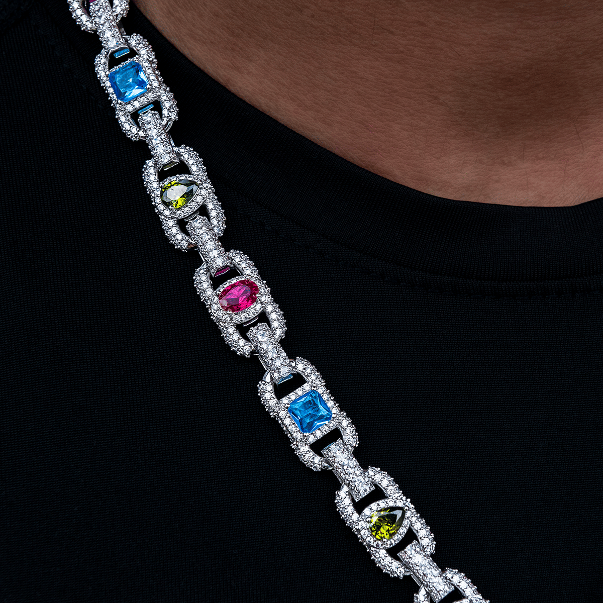 GLD Men Diamond Cluster Mariner Teardrop Multicolor Lariat Chain in White Gold