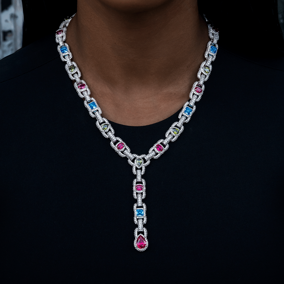 GLD Women Diamond Cluster Mariner Teardrop Multicolor Lariat Necklace in White Gold
