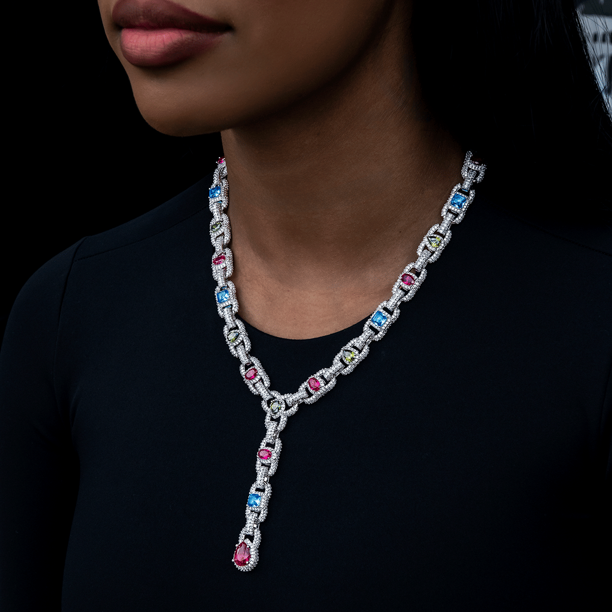 GLD Women Diamond Cluster Mariner Teardrop Multicolor Lariat Necklace in White Gold
