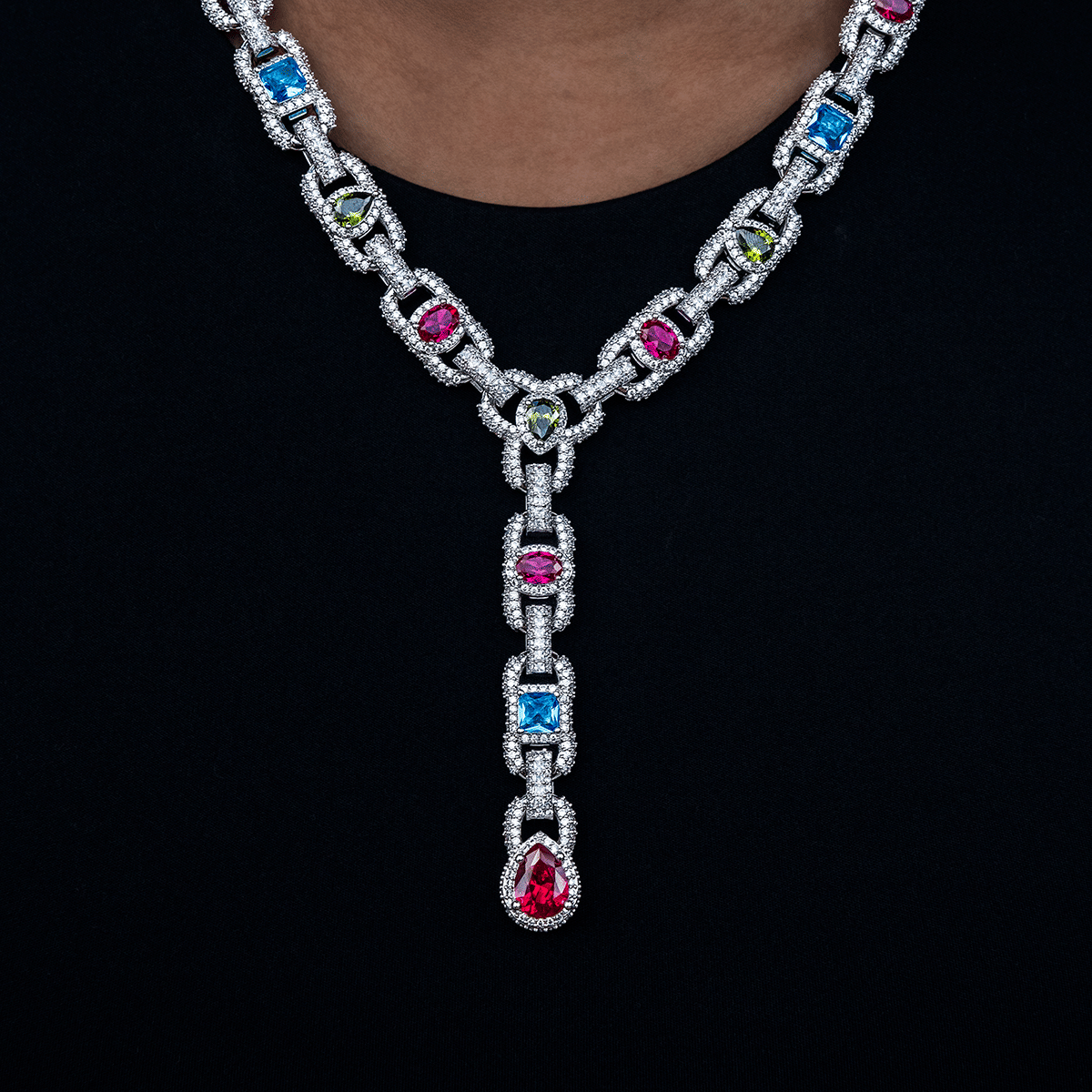 GLD Women Diamond Cluster Mariner Teardrop Multicolor Lariat Necklace in White Gold