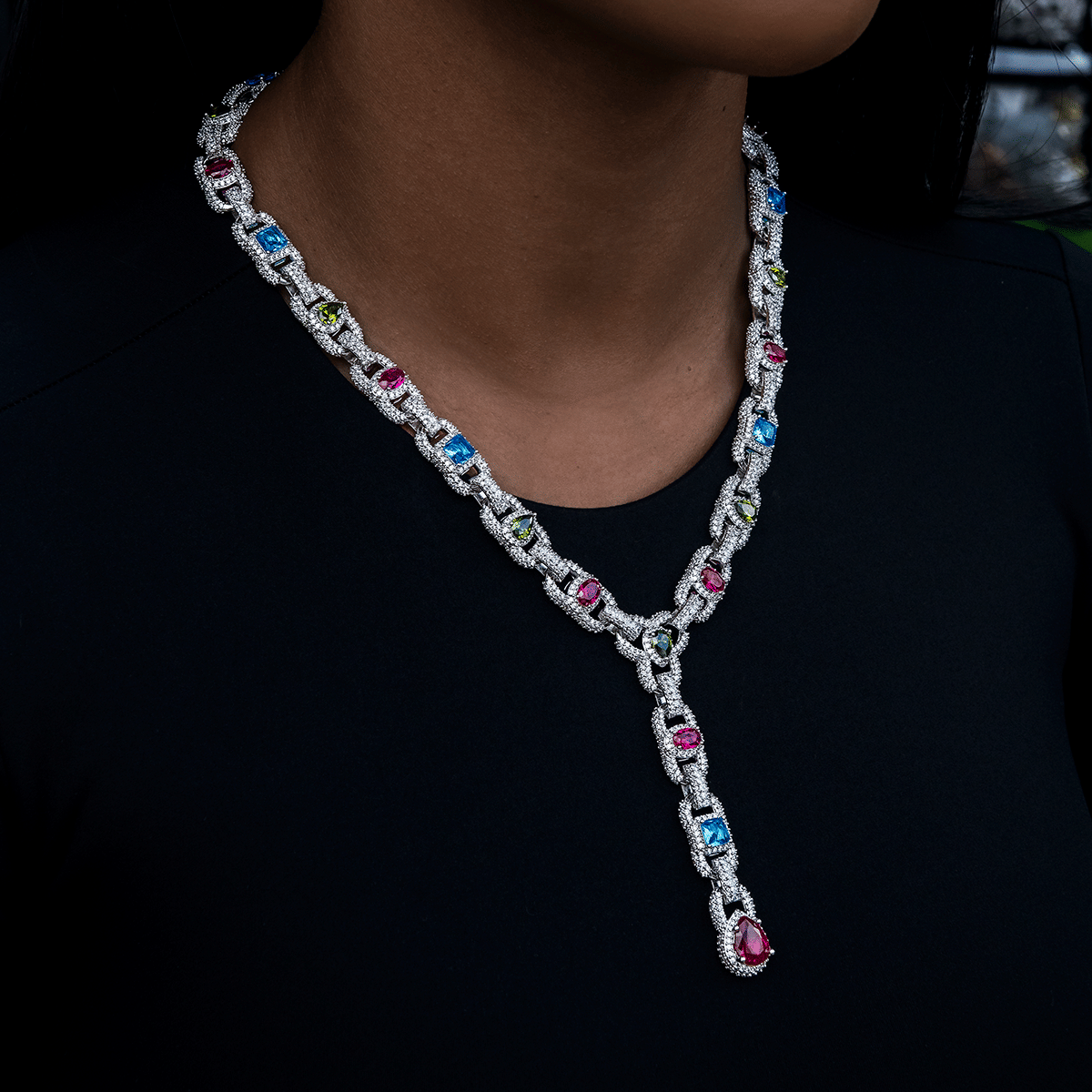 GLD Women Diamond Cluster Mariner Teardrop Multicolor Lariat Necklace in White Gold