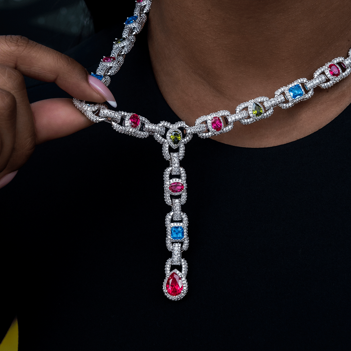GLD Women Diamond Cluster Mariner Teardrop Multicolor Lariat Necklace in White Gold
