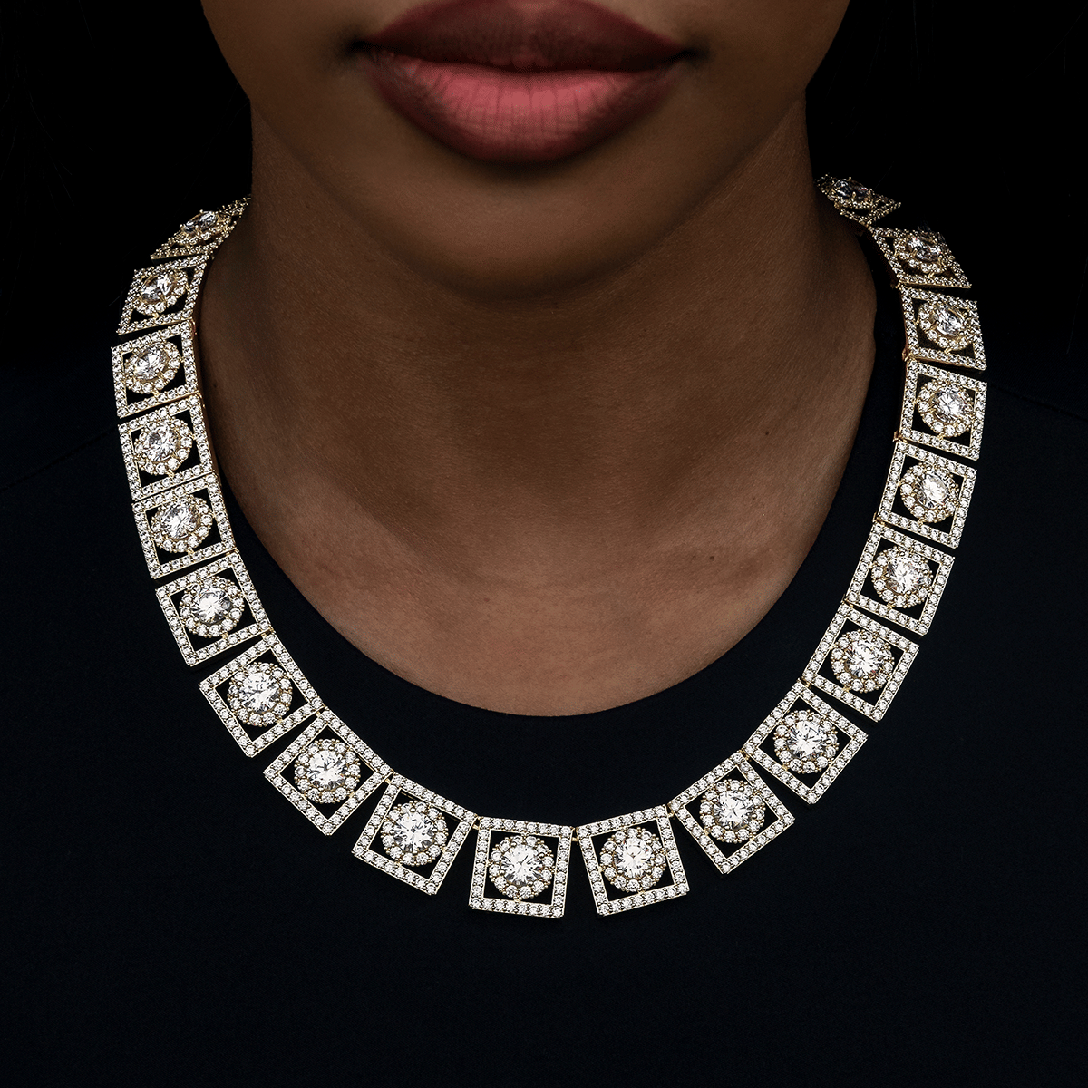 GLD Women Layered Halo Diamond Link Necklace in Yellow Gold