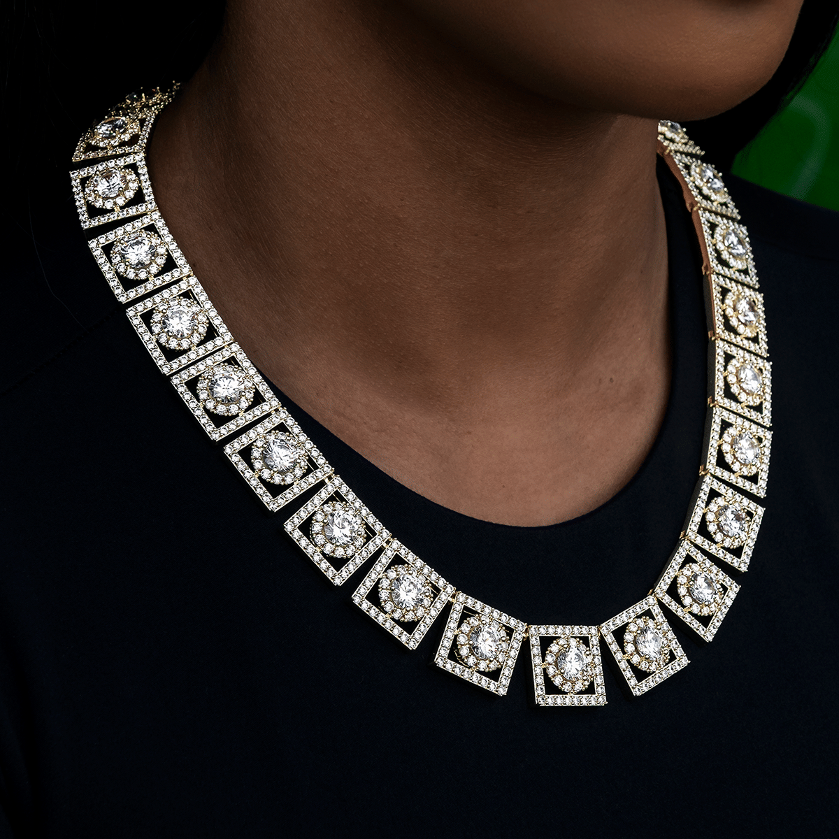 GLD Women Layered Halo Diamond Link Necklace in Yellow Gold