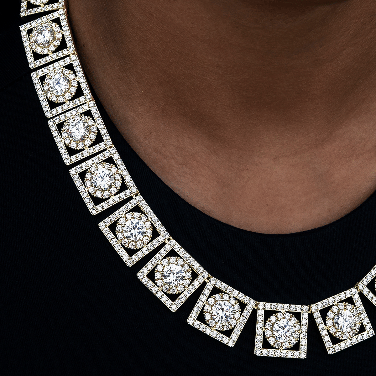 GLD Women Layered Halo Diamond Link Necklace in Yellow Gold