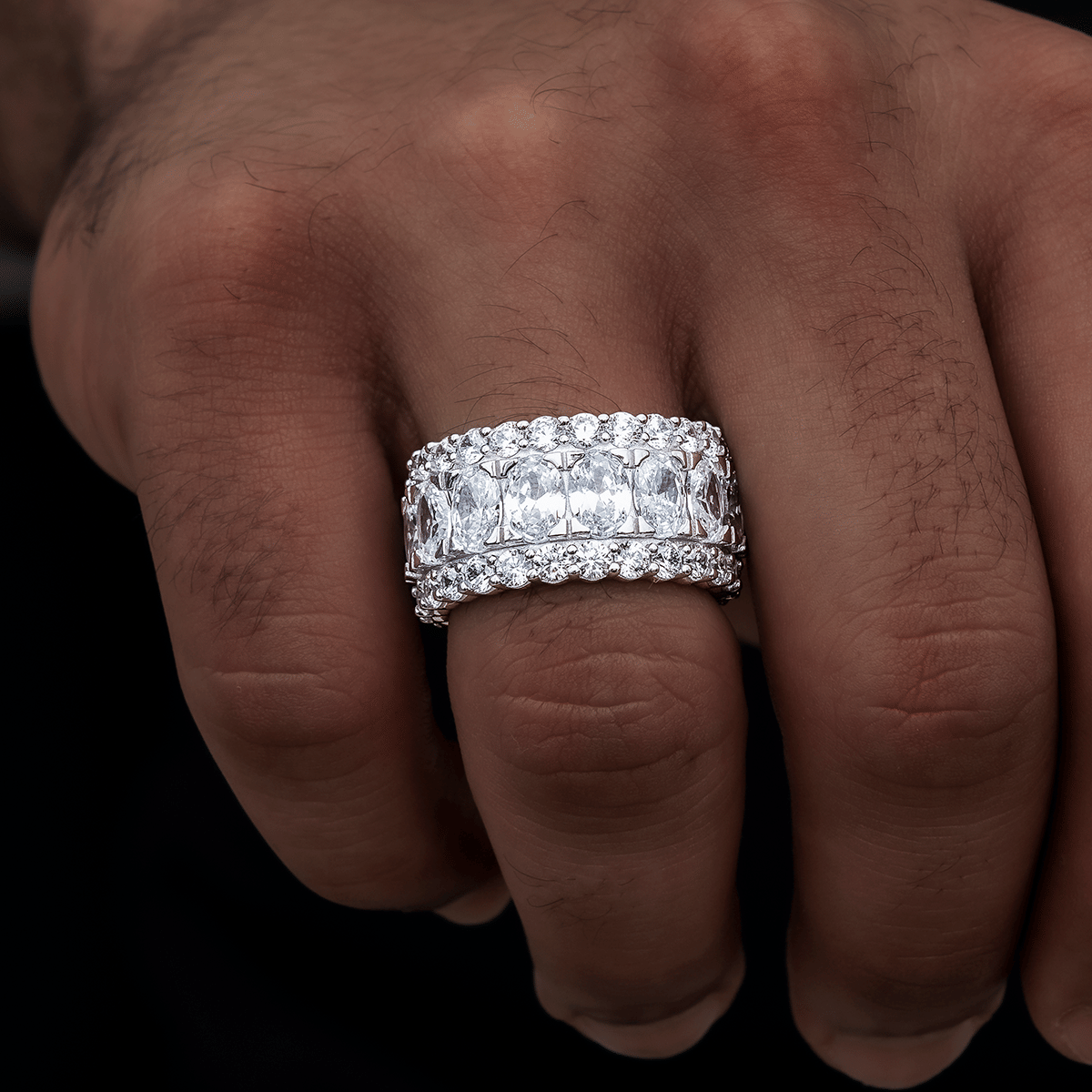 GLD Men Multi - Layer Crystal Diamond Band Ring in White Gold Vermeil