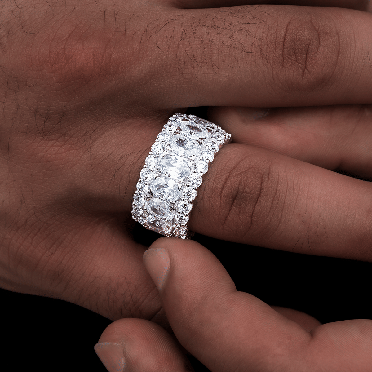 GLD Men Multi - Layer Crystal Diamond Band Ring in White Gold Vermeil