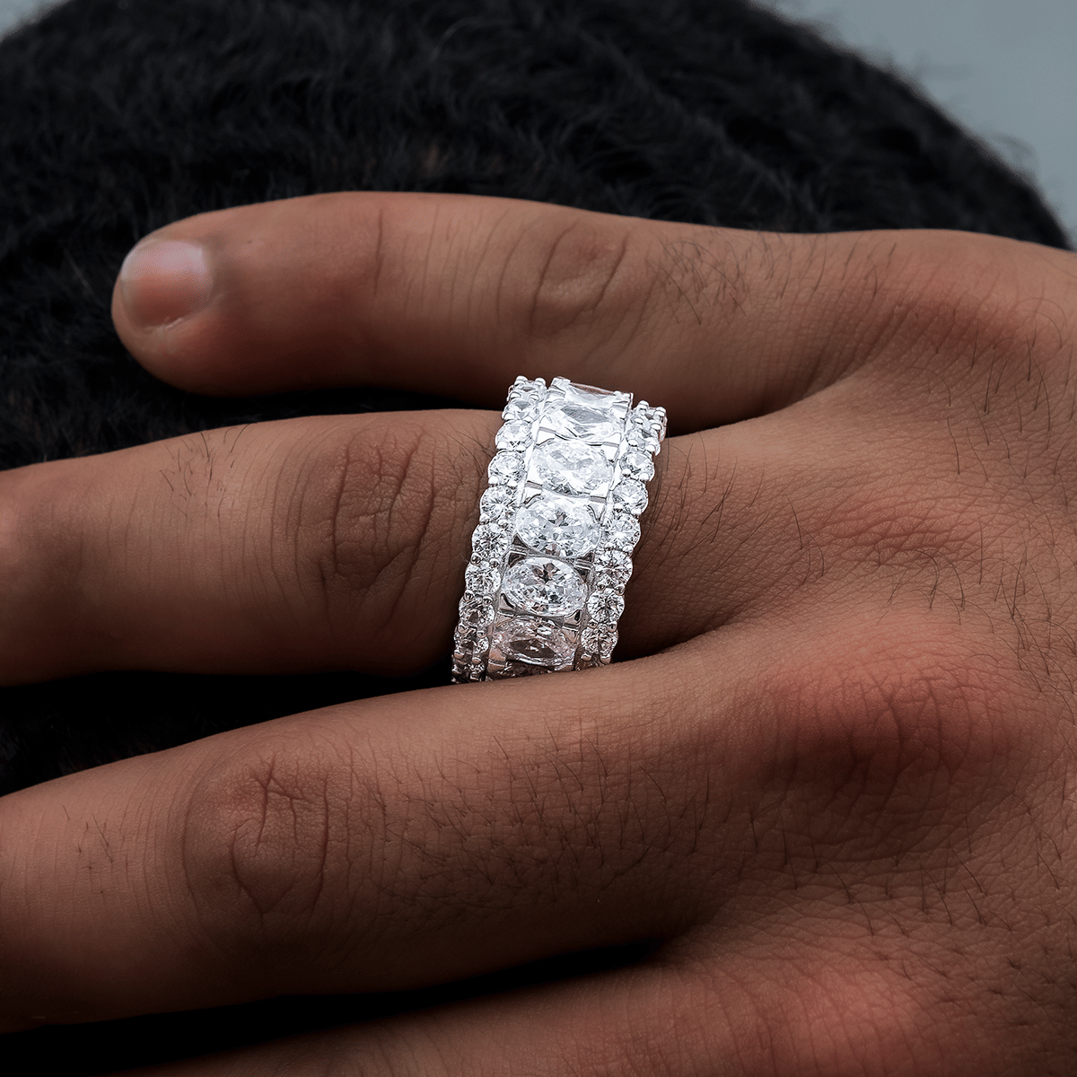 GLD Men Multi - Layer Crystal Diamond Band Ring in White Gold Vermeil
