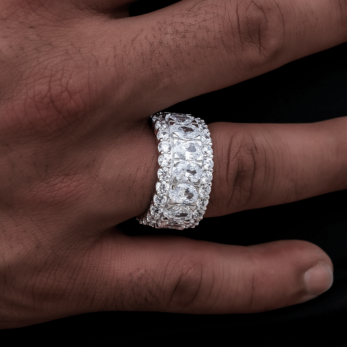GLD Men Multi - Layer Crystal Diamond Band Ring in White Gold Vermeil