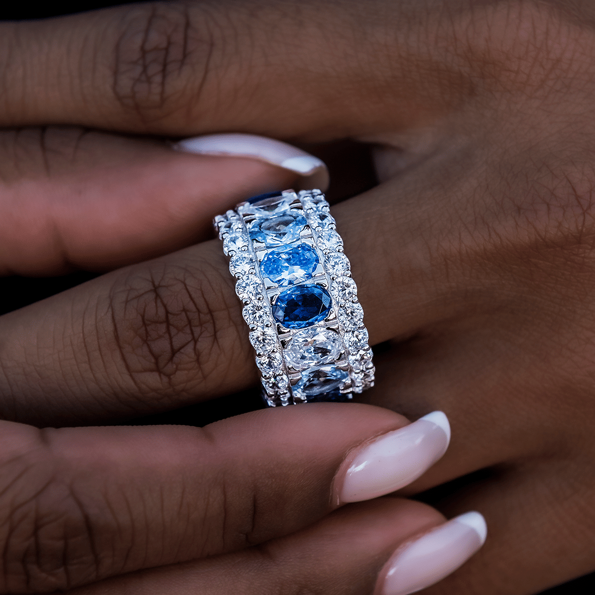 GLD Women Multicolor Diamond Blue Layered Ring in White Gold Vermeil