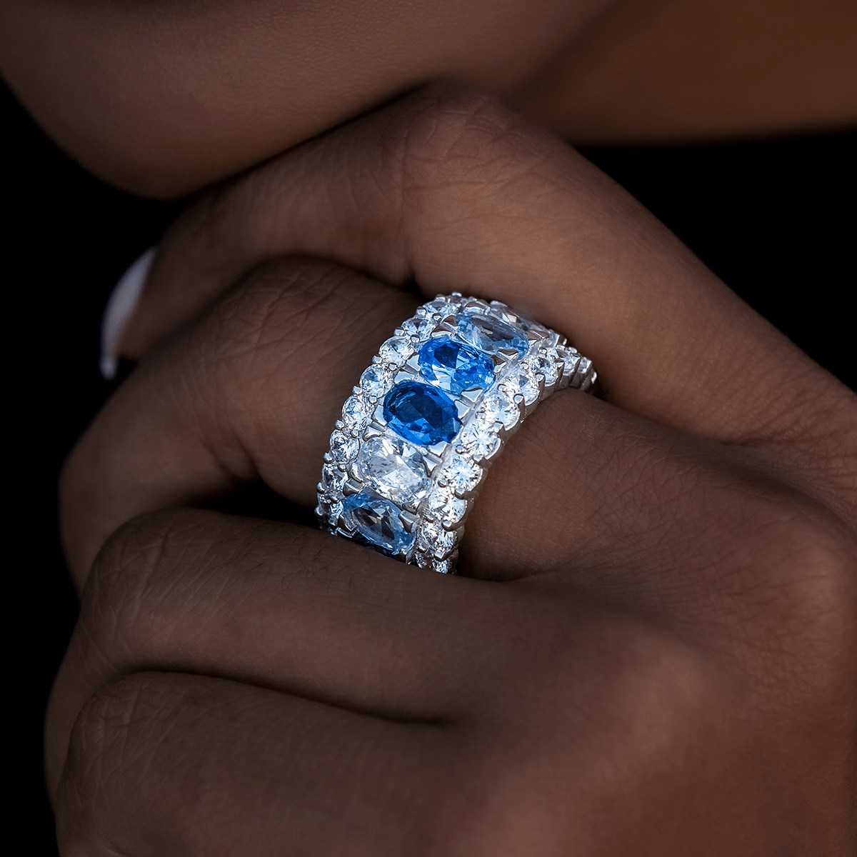 GLD Women Multicolor Diamond Blue Layered Ring in White Gold Vermeil