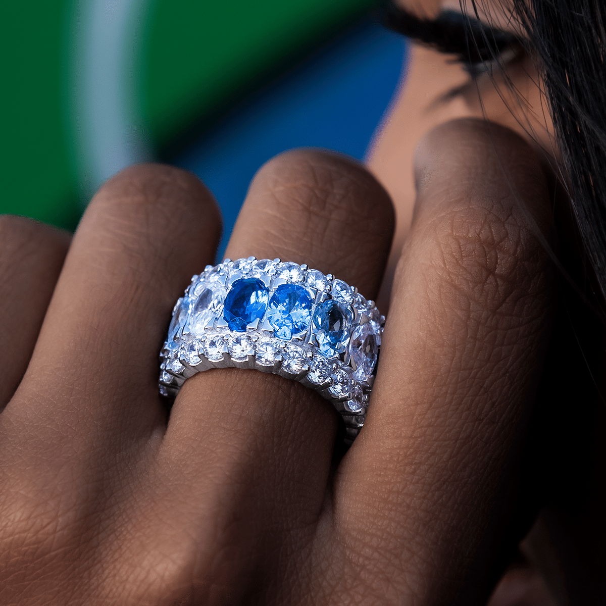 GLD Women Multicolor Diamond Blue Layered Ring in White Gold Vermeil