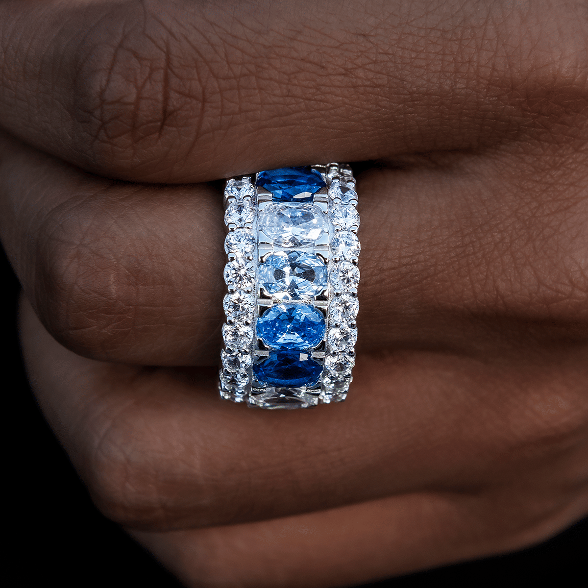 GLD Women Multicolor Diamond Blue Layered Ring in White Gold Vermeil