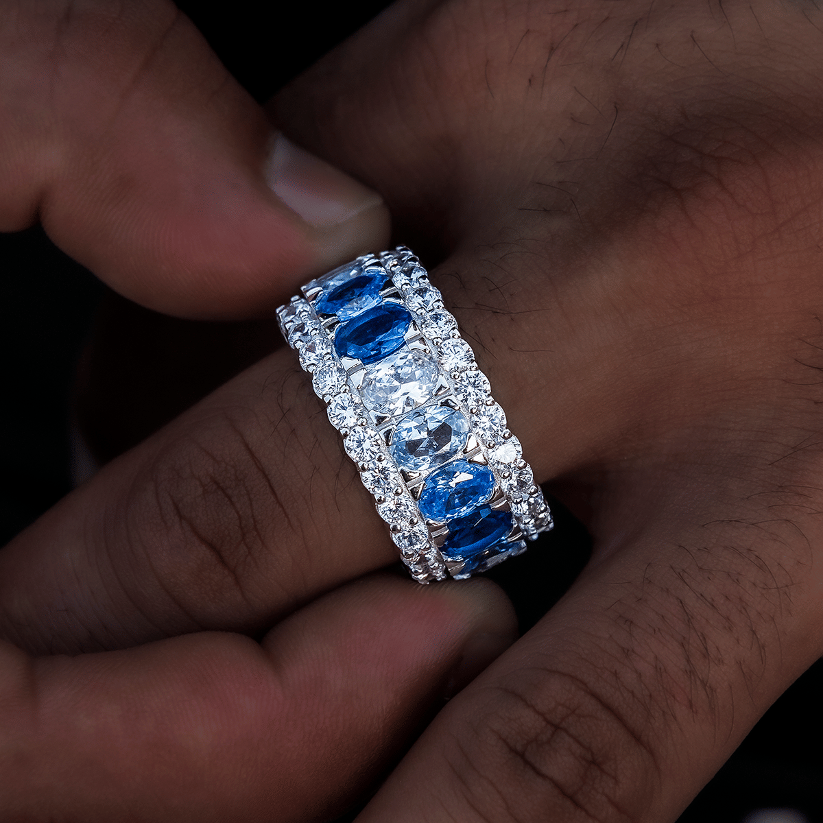GLD Men Multicolor Diamond Blue Layered Ring in White Gold Vermeil