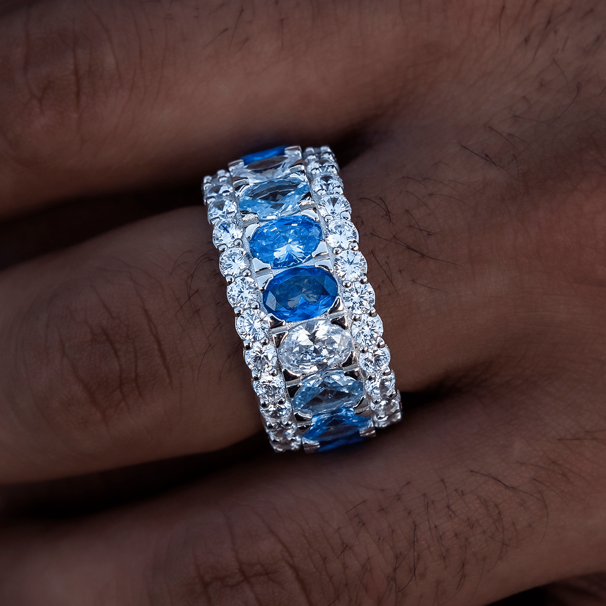 GLD Men Multicolor Diamond Blue Layered Ring in White Gold Vermeil