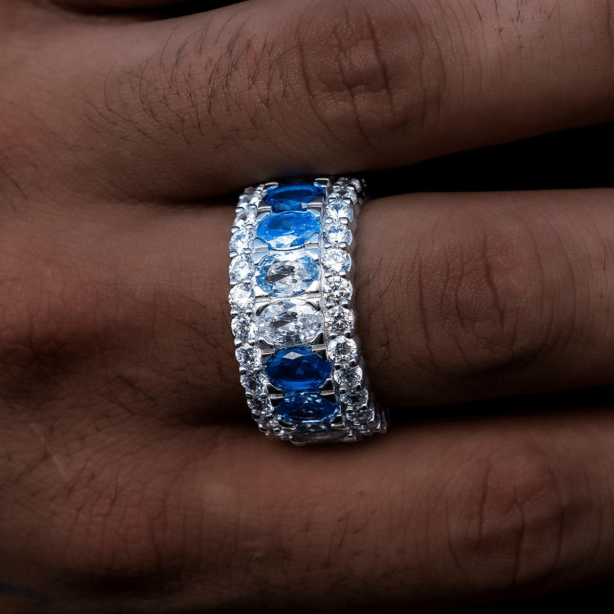 GLD Men Multicolor Diamond Blue Layered Ring in White Gold Vermeil