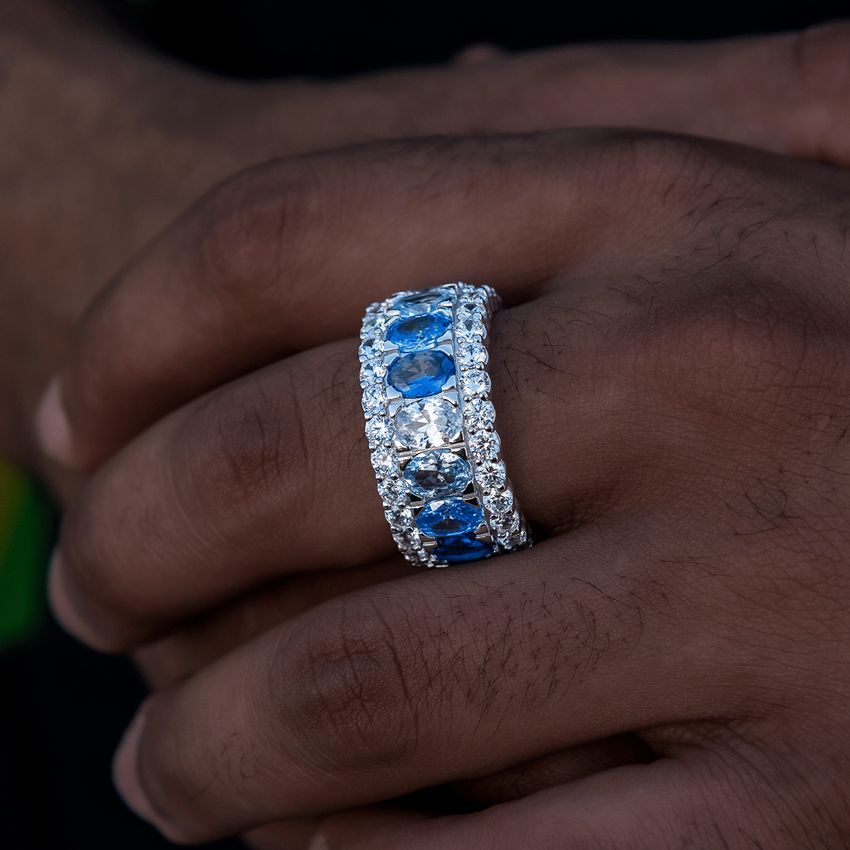 GLD Men Multicolor Diamond Blue Layered Ring in White Gold Vermeil