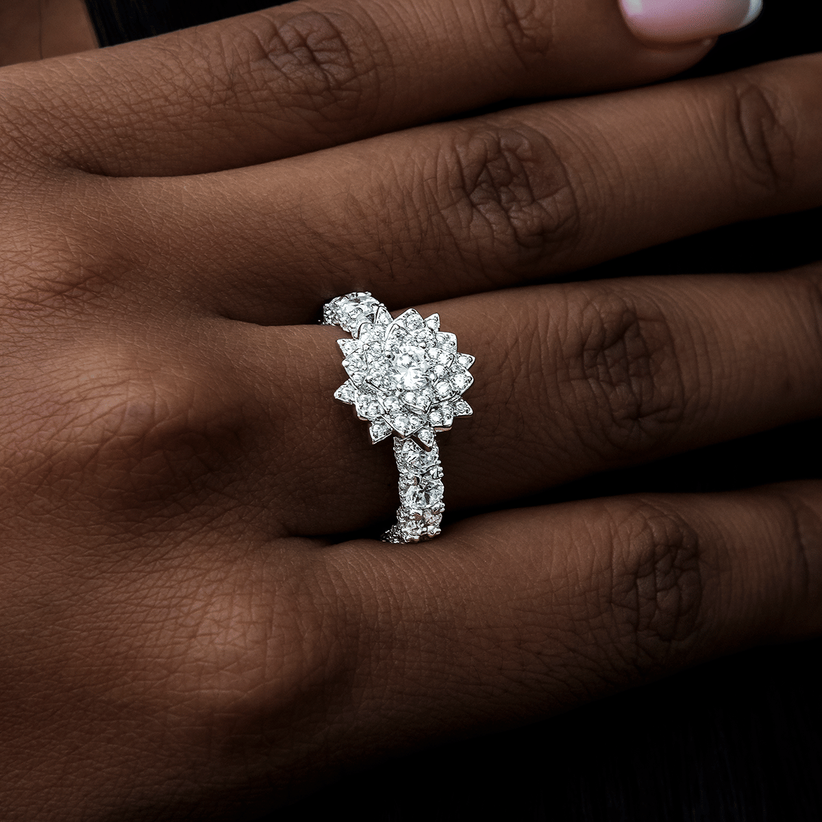 GLD Women Diamond Rose Ring in White Gold Vermeil