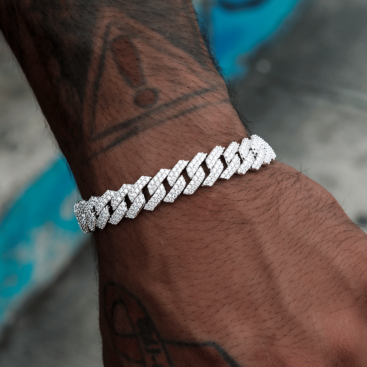 GLD Men Lock & Key Diamond Prong Cuban Bracelet in White Gold - 12 mm