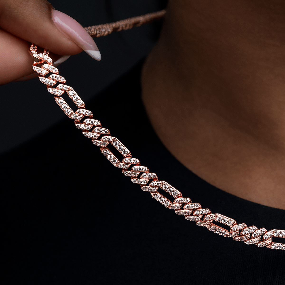GLD Women Diamond Figaro Necklace in Rose Gold - 6 mm
