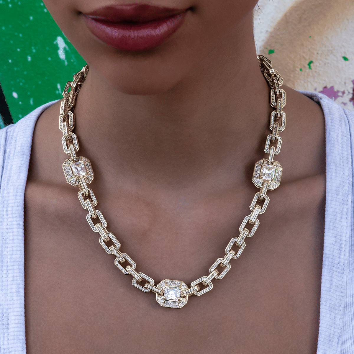 GLD Women Diamond Rock Cable Link Station Necklace in Yellow Gold