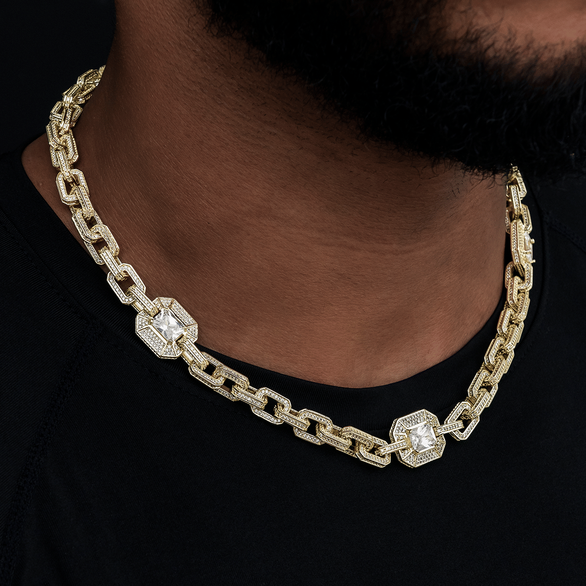 GLD Men Diamond Rock Cable Link Station Chain in Yellow Gold