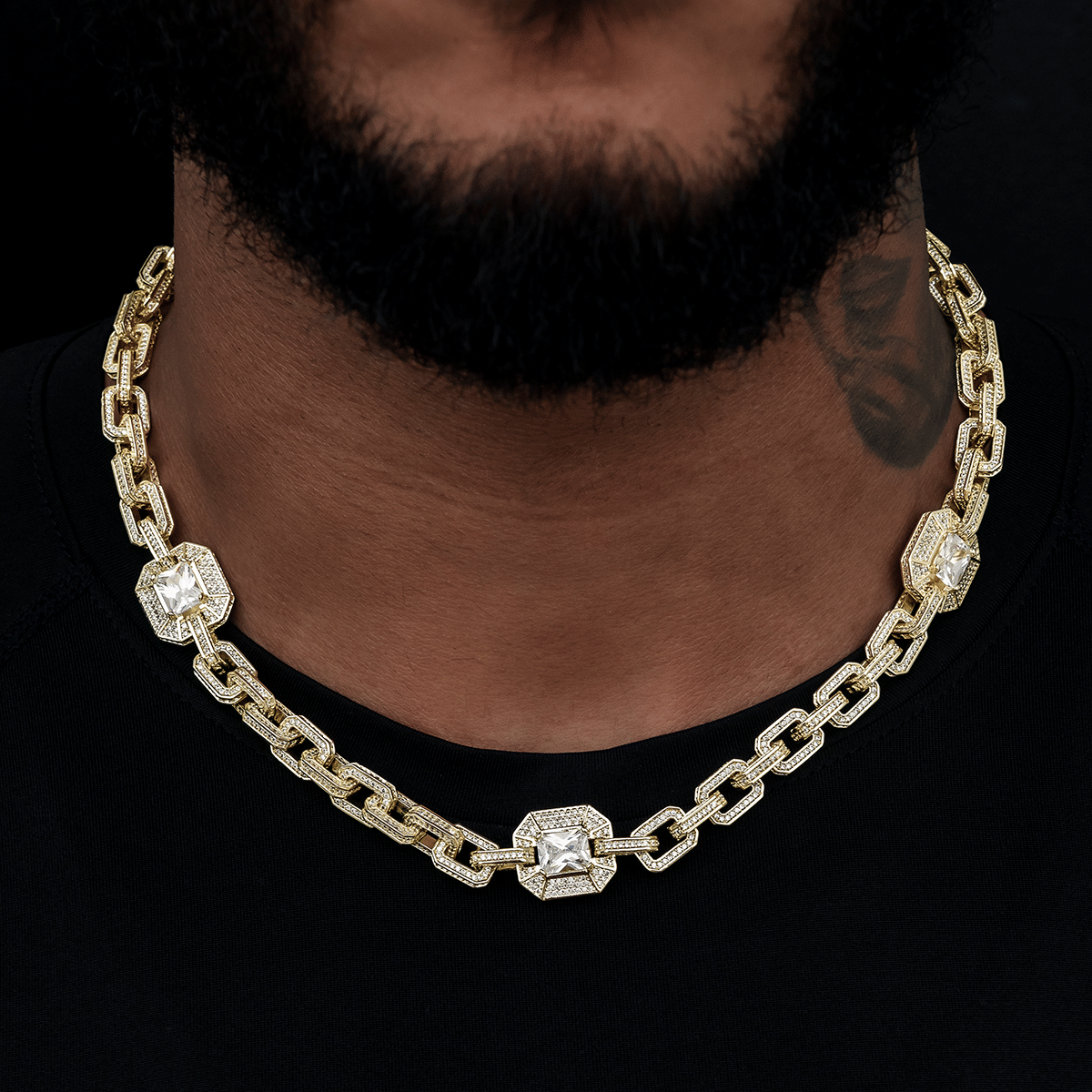 GLD Men Diamond Rock Cable Link Station Chain in Yellow Gold