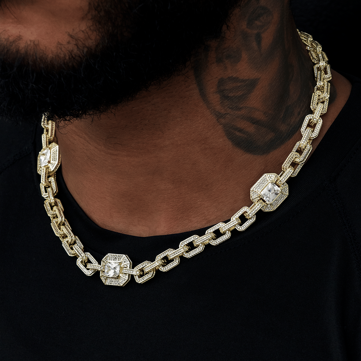 GLD Men Diamond Rock Cable Link Station Chain in Yellow Gold