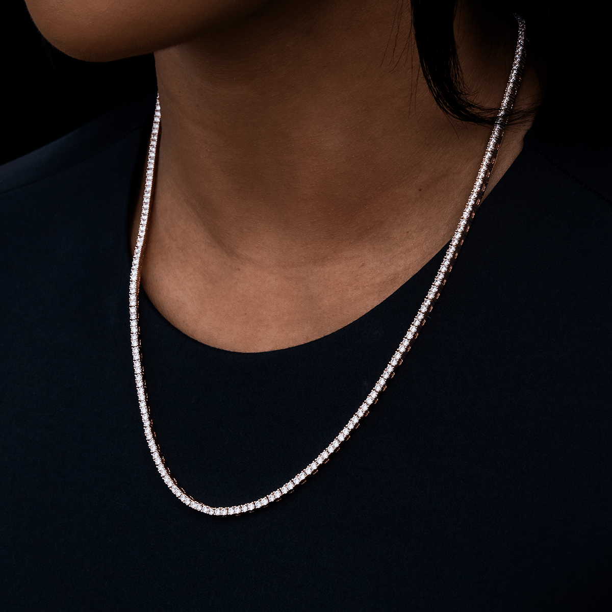 GLD Women Diamond Tennis Necklace in Rose Gold - 2 mm