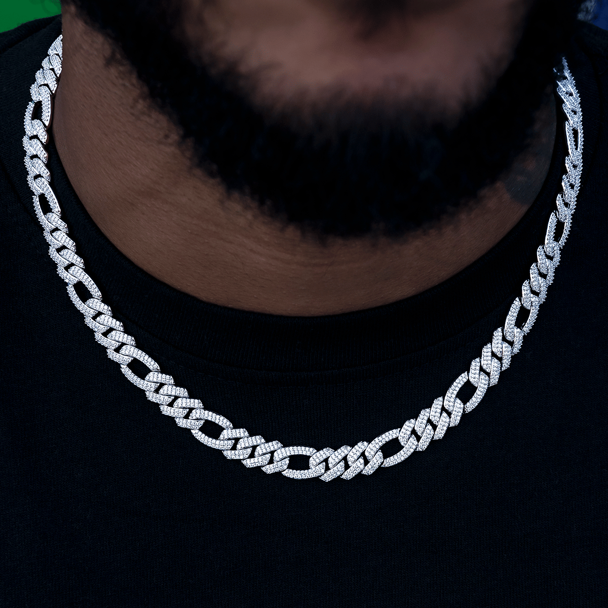 GLD Men Diamond Figaro Chain in White Gold - 10 mm