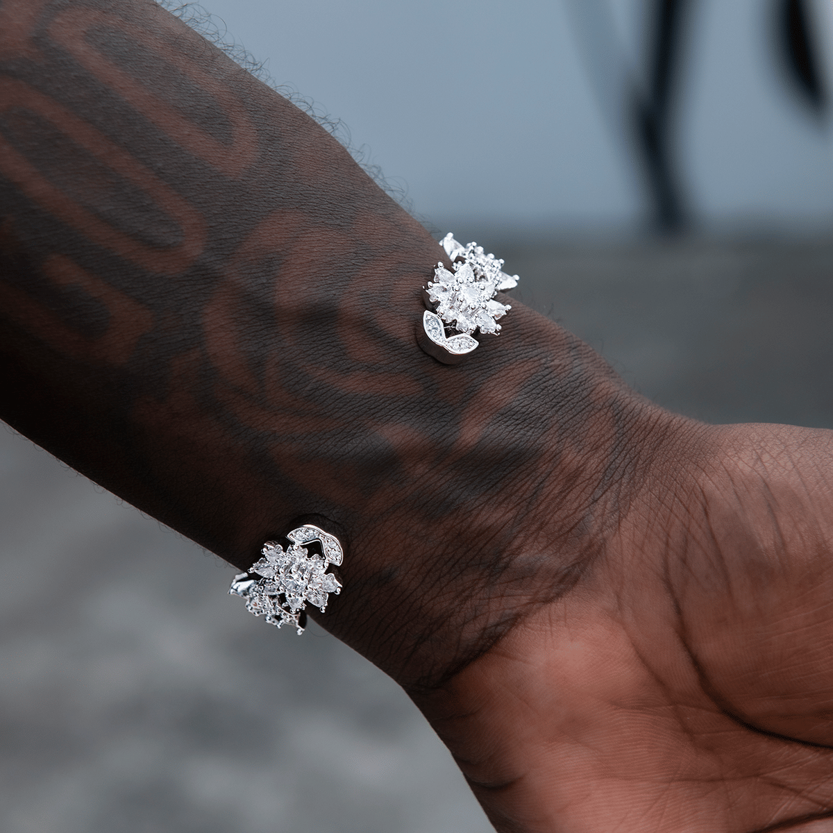 GLD Men Diamond Infinity Flower Cuff Bracelet in White Gold