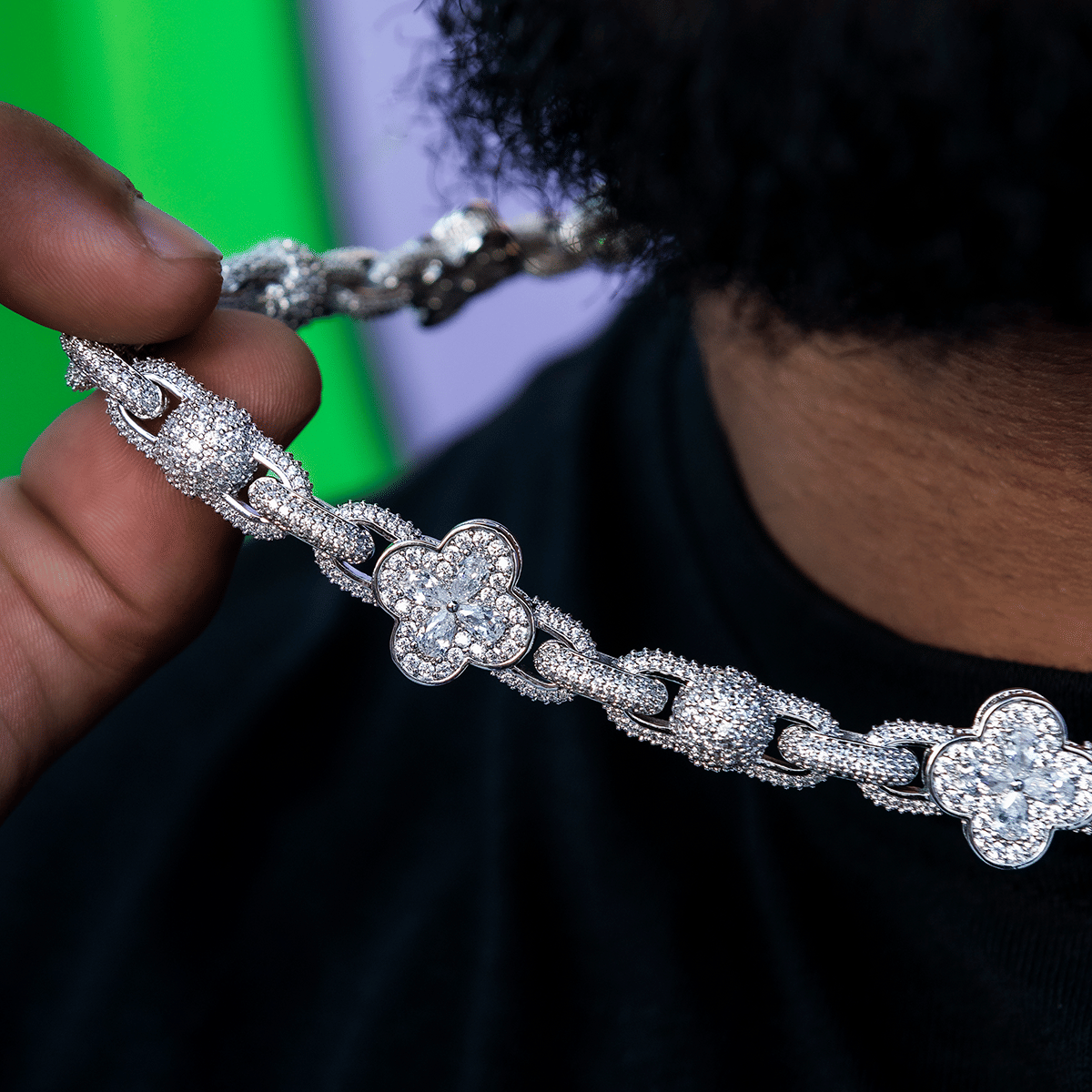 GLD Men Diamond Ball Clover Mariner Chain in White Gold - 10 mm