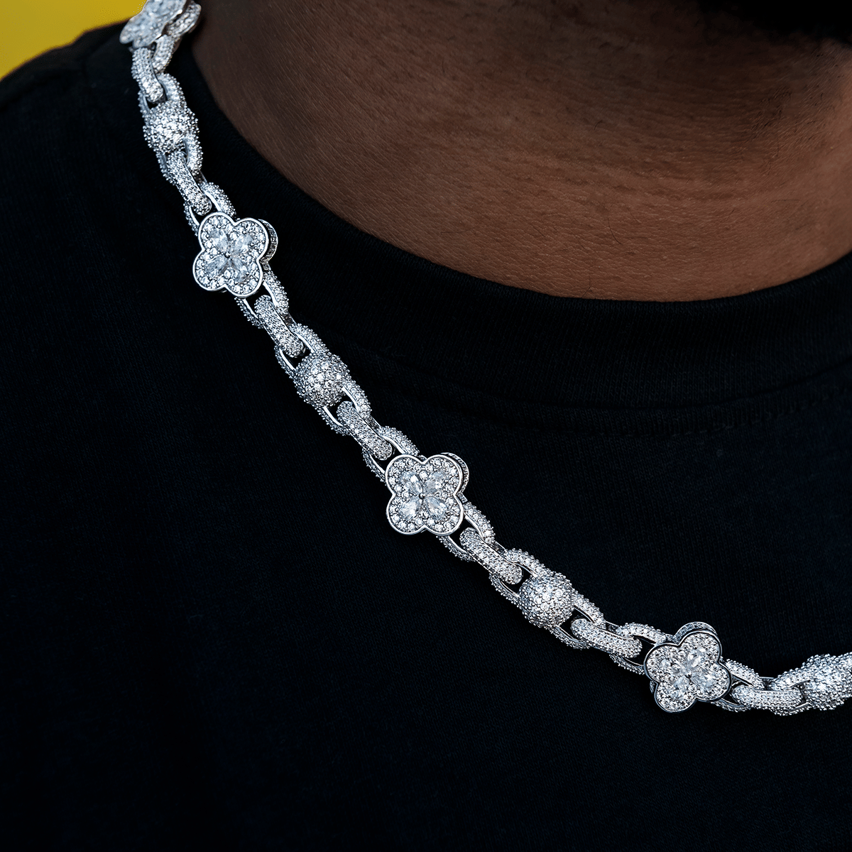 GLD Men Diamond Ball Clover Mariner Chain in White Gold - 10 mm