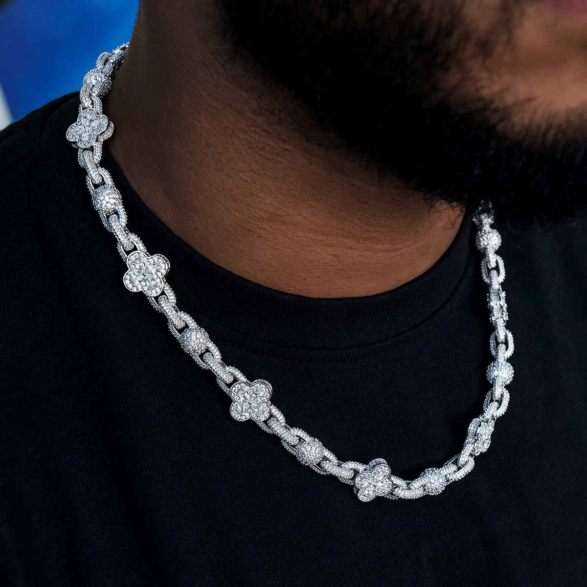 GLD Men Diamond Ball Clover Mariner Chain in White Gold - 10 mm