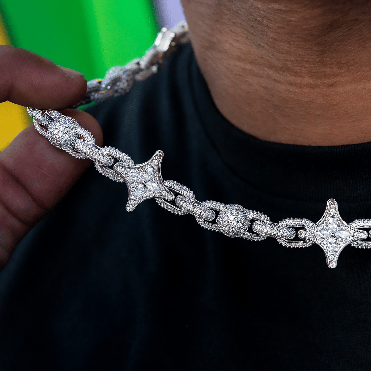 GLD Men Diamond Ball Star Mariner Chain in White Gold - 10 mm