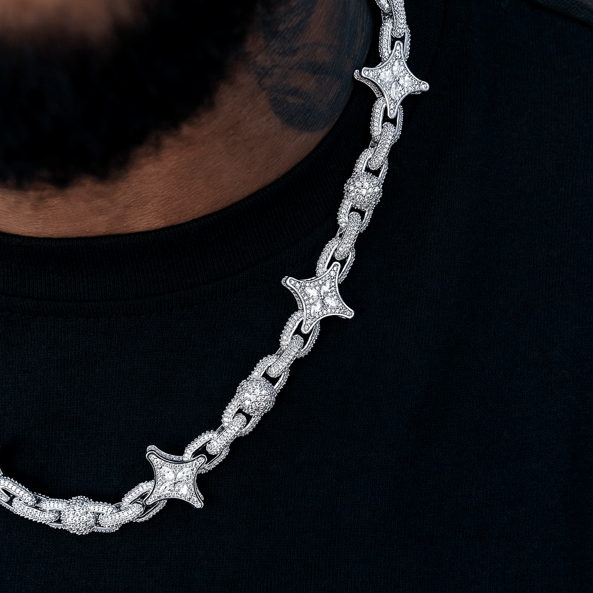 GLD Men Diamond Ball Star Mariner Chain in White Gold - 10 mm
