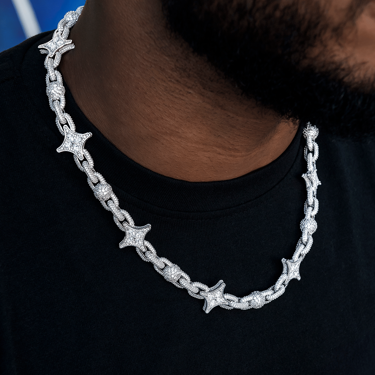 GLD Men Diamond Ball Star Mariner Chain in White Gold - 10 mm